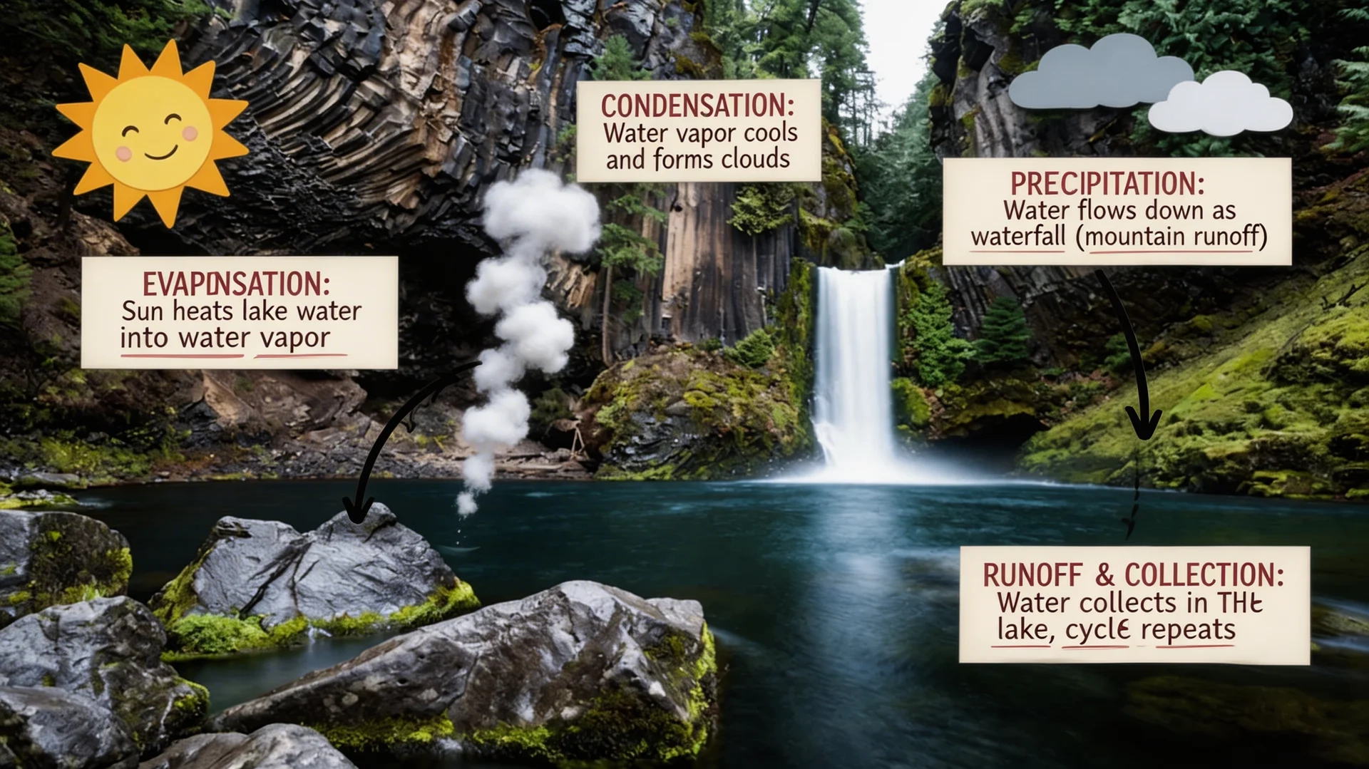 나노 바나나 2의 사진과 설명 문구를 결합한 물 순환 그래픽 예시